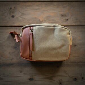 Mens Tan Canvas & Faux‎ Leather Grooming Bag With Zipper Closure